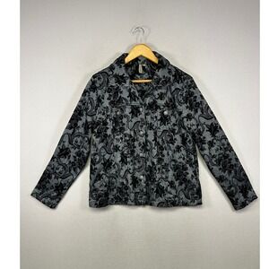 Dark Academia Focus Women S Grey Black Floral Damask Button Front Shacket Jacket